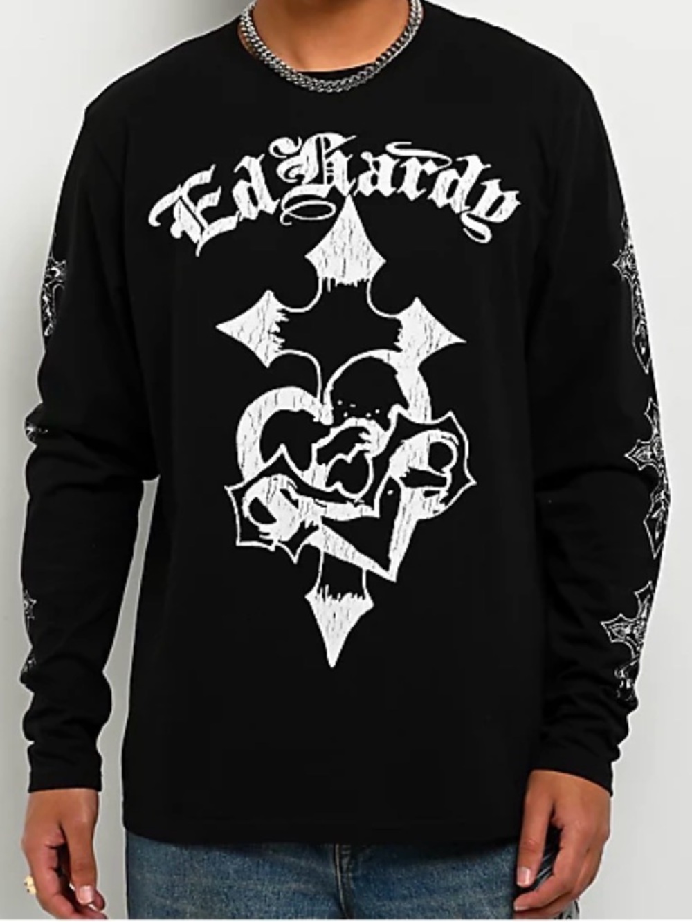 Ed Hardy Black Long Sleeve Graphic Skull Tee